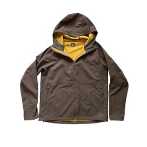 REI Men’s Hooded Softshell Jacket Brown Yellow L Outdoor Hiking Lightweight
